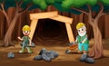 Cartoon mine entrance with gold miner worker Royalty Free Stock Photo