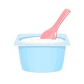 White yogurt in blue plastic container and pink spoon. Healthy dairy product Isolated on white background.