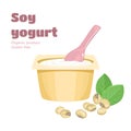 Soy yogurt in plastic container with spoon Isolated on white background. Soya yogurt and beans. Vector illustration Royalty Free Stock Photo