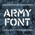 Army alphabet font. Damaged stencil letters and numbers on a camo background. Royalty Free Stock Photo