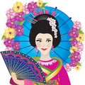 Graphic Illustration of Asian Woman Wearing her Country`s Cultural Attire with Umbrella/Flowers