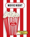 Movie Night Graphic Illustration with Carton of Popcorn isolated on Red/White Stripes Royalty Free Stock Photo