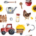 Farmer texture with food,sunflowers,chicken,fence,tractor,bee, shovel Royalty Free Stock Photo