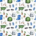 Gardener texture with gumboots,scissors,seed,tree,watering can,gloves,wheelbarrow