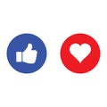 Vector blue thumbs up and red love round blue cartoon bubble emoticon for social media chat, comment reactions, icon template like