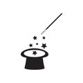 Magic hat and wand flat icon isolated on white background, magician element vector illustration. Royalty Free Stock Photo