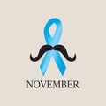 November month of struggle against prostate cancer. Prostate Cancer Blue Awareness Ribbon with Mustache Royalty Free Stock Photo