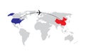 Plane travel between USA and China with doted line. Black outline simple icon on white background.