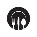 Plate, fork, spoon, knife logo sign icon vector illustration template. Royalty Free Stock Photo