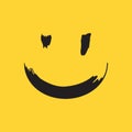 Hand drawing smiling emoticon. Happy face. Emoji of positive feelings. Brush painted emotion icon on yellow background