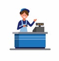 Groceries woman cashier in uniform and apron stands behind cash desk ready to help customer. cartoon flat illustration vector