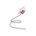 Butterfly with red heart on wings flying on a dotted line path. Royalty Free Stock Photo