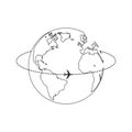 Plane travel around the world with doted line. Black outline simple icon on white background Royalty Free Stock Photo