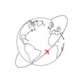 Plane travel around the world with doted line. Black outline simple icon on white background