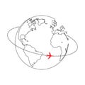 Plane travel around the world in orbit with doted line. Black outline vector illustration on white background. Transportation