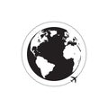 Plane travel around the world with doted line. Black outline simple icon on white background. Royalty Free Stock Photo