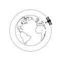 Satellite travel around the world with doted line. Black outline simple icon on white background Royalty Free Stock Photo