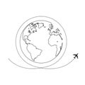 Plane travel around the world with doted line. Black outline simple icon on white background