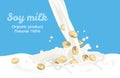 Pouring soy milk isolated on blue background. Splash and drops of milk. Vector illustration of  milk flow in cartoon flat style. Royalty Free Stock Photo