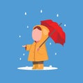 A girl in yellow raincoat. Woman wears a raincoat holding an umbrella. Rainy season. Rainy day. Royalty Free Stock Photo