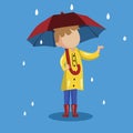 A girl in yellow raincoat. Woman wears a raincoat holding an umbrella. Rainy season. Rainy day.