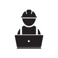 Construction worker work with computer symbol, vector illustration icon isolated on white background Royalty Free Stock Photo