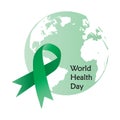 World Health Day concept design .Green ribbon on globe. Vector illustration Royalty Free Stock Photo