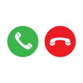 Accept call and decline phone icons. Green and red buttons with handset. Vector symbol set isolated on white background Royalty Free Stock Photo