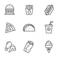 Set of fast food icons in black line design Royalty Free Stock Photo