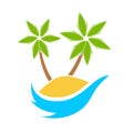 Beach, Traveling, travel and palm trees on island with wave, logo template. Journey, recreation and vacation at resort vector logo