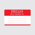 Badge or register card Hello my name is in flat style isolated on white background.