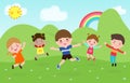 Happy children jumping and dancing on the park, kids activities,  children playing in playground, Template for advertising Royalty Free Stock Photo