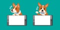 Cartoon character cute corgi dog and smartphones