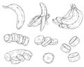 PrintSet of bananas in clip-art style in isolate on a white background. A whole banana, chopped, bunch, peeled, in pieces.