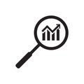 Magnifying glass icon and trend rising bars chart. Business analysis market symbol icon