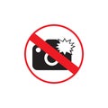 No flash photo warning red sign. Camera with flashing light with sign for restricted area. Vector illustration on white background