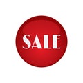 Red round button with word Sale. Circle label for bestseller in online shops. Design elements on white background