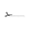 Black scissors icon with cut line on white background.