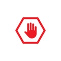 Red stop or block sign icon with hand. Flat vector icon for apps and websites.