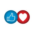 3d vector blue thumbs up and red love round blue cartoon bubble emoticon for social media chat, comment reactions, icon template.