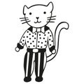 Hand-drawn black and white cat in striped trousers and a polka dot shirt with a bow tie. Scandinavian-style isolated feline family