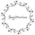 Round emblem of the zodiac sign Sagittarius. Antique hand-drawn arrows arranged in a circle and the name in the center. Mystical z