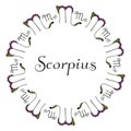 Round zodiac emblem of the zodiac signs Scorpius with elegant inscription in the center on a white background. Vintage circle from