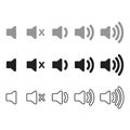 Set of speaker volume web icons. Increases and reduces the sound icon. Mute icon. Vector illustration.