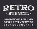 Retro Stencil alphabet font. Serif letters, numbers and symbols.