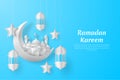 Ramadan kareem background with crescent moon, arabic lantern, mosque, and star. Paper cut style. Royalty Free Stock Photo