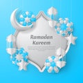 Ramadan kareem background with crescent moon, arabic lantern and star. Paper cut style.