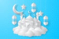 Ramadan kareem background with crescent moon, arabic lantern, mosque, cloud and star. Paper cut style. Royalty Free Stock Photo