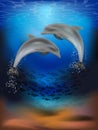 Underwater wallpaper with dolphins . vector