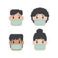 Boy or Girl or young woman or young men wearing face medical mask isolated cartoon vector icon, cold flu virus epidemic prevention Royalty Free Stock Photo